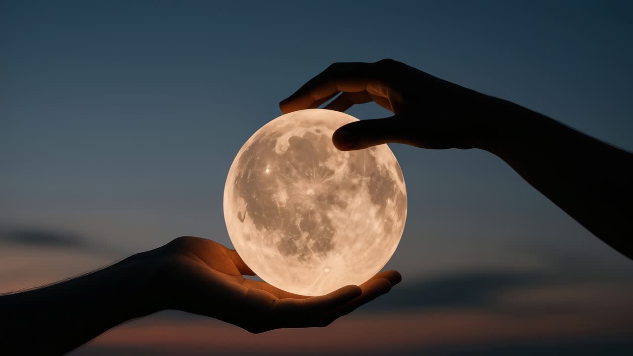 Hands gently cradle a glowing moon against a twilight sky, captured from a side angle