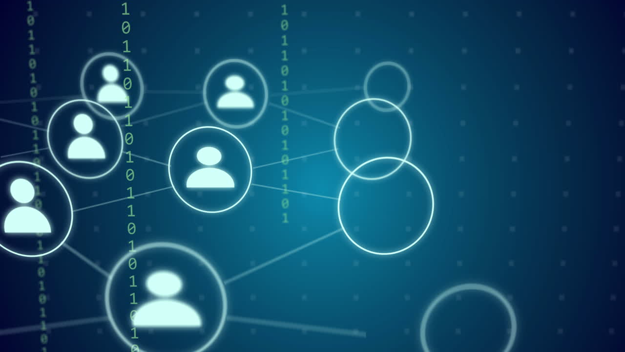 animación de la red de conexiones con iconos de medios sobre el procesamiento de datos, puntos en fondo azul.