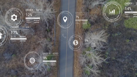 animation of data processing with icons over landscape with road