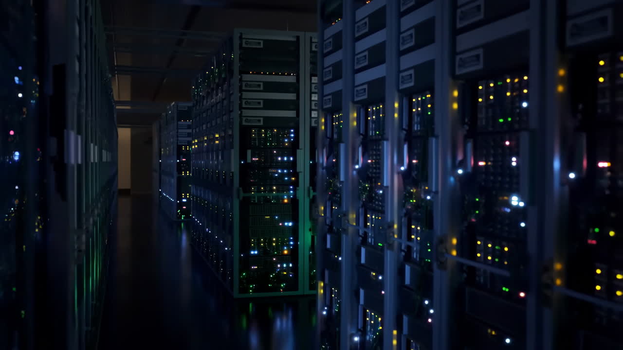 Server Room with Blinking Lights in a Data Center