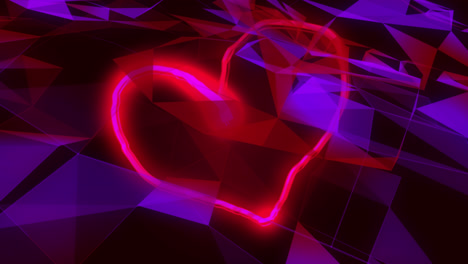 animation of neon pink heart light drawing, with network of purple shapes on black background