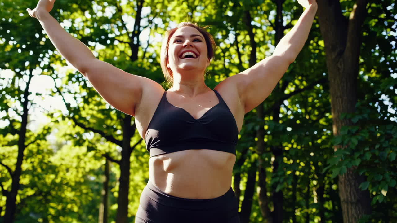 Happy Plus-Size Woman Exercising Outdoors
