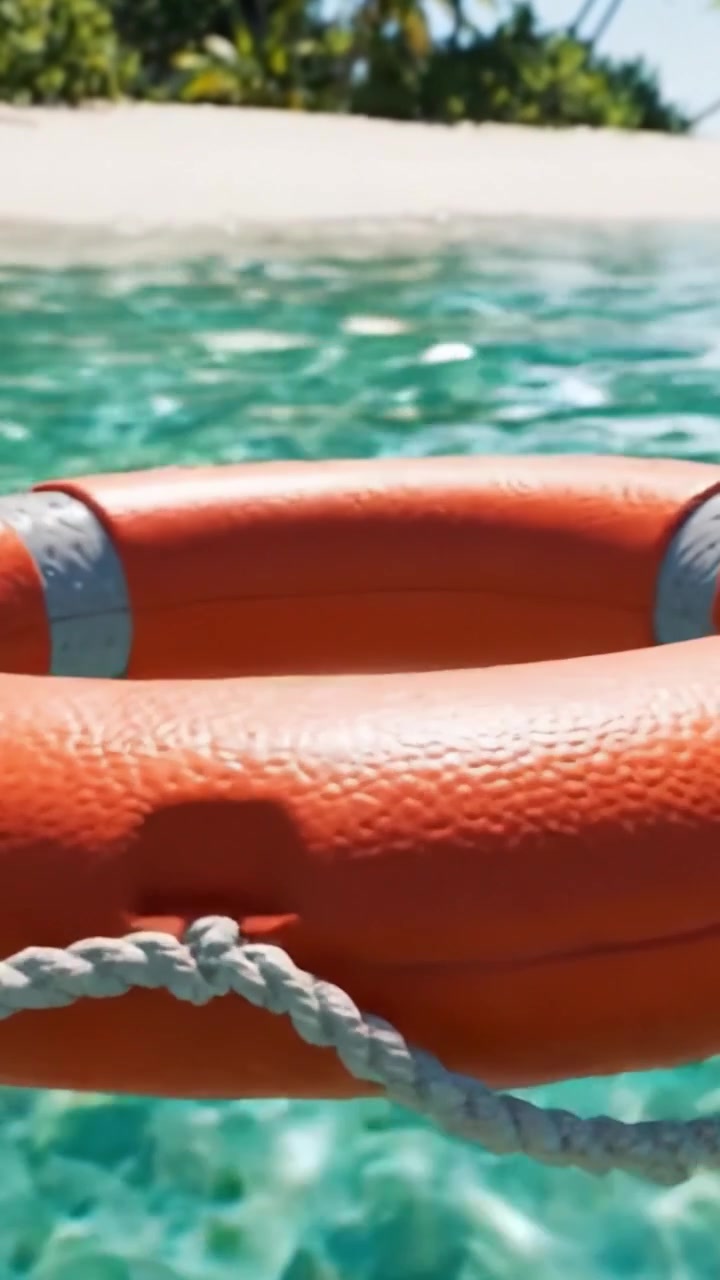 Vibrant Lifebuoy Floating Near Tranquil Waters and Sandy Shoreline, Capturing the Essence of Maritime Safety and Leisure in a Serene Natural Environment