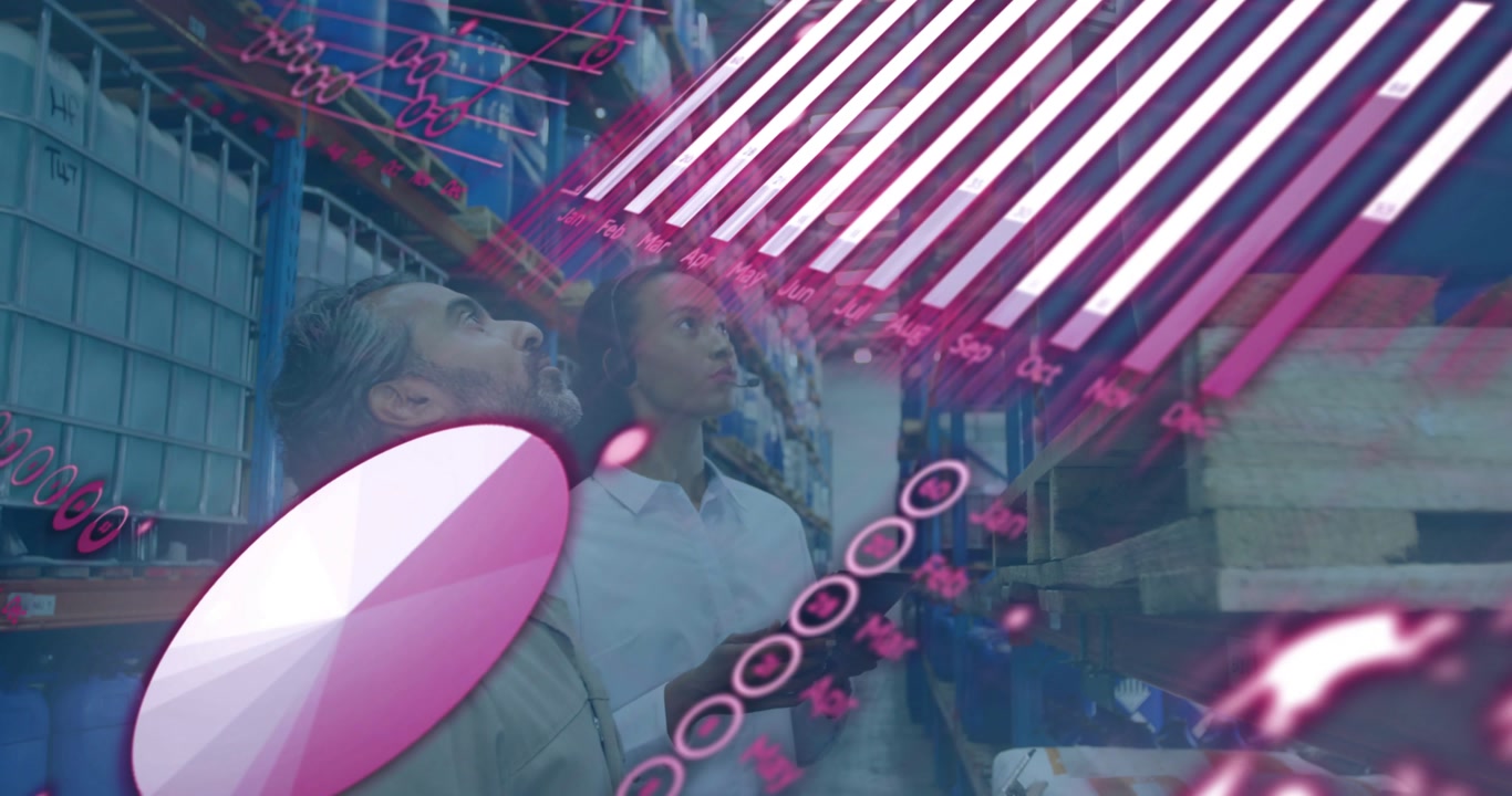 Clerk using tablet and lead pointing to racks in warehouse, pink graphs starting while doing stock
