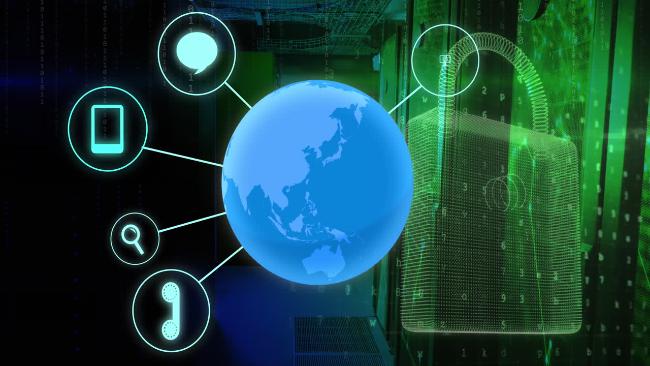 Animation of globe with icons and data processing with padlock