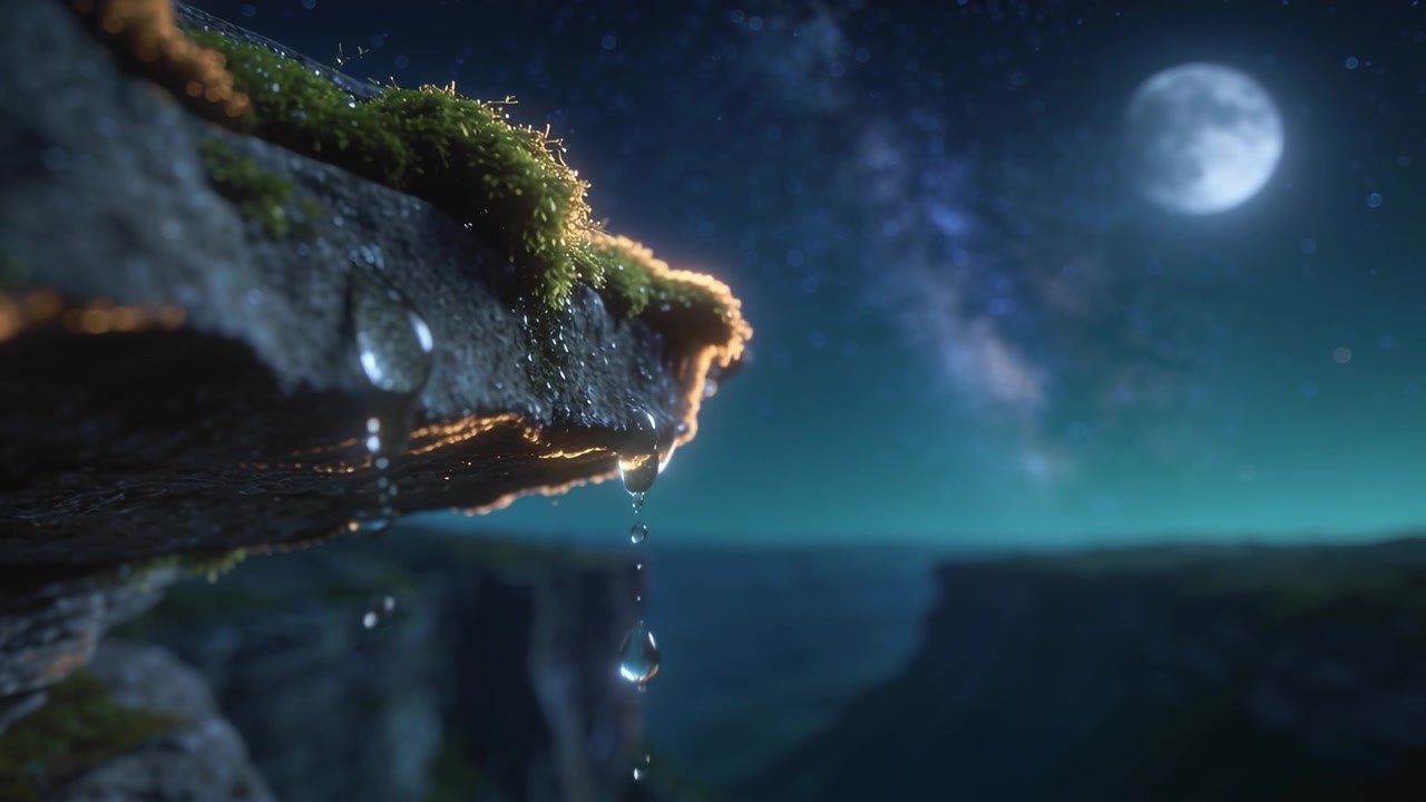 Dripping mossy ledge shedding dew from night cooling, detaching, falling over canyon with full moon