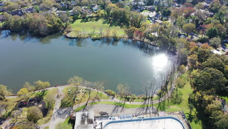 An-aerial-view-over-Grant-Pond-on-Long-Island,-NY