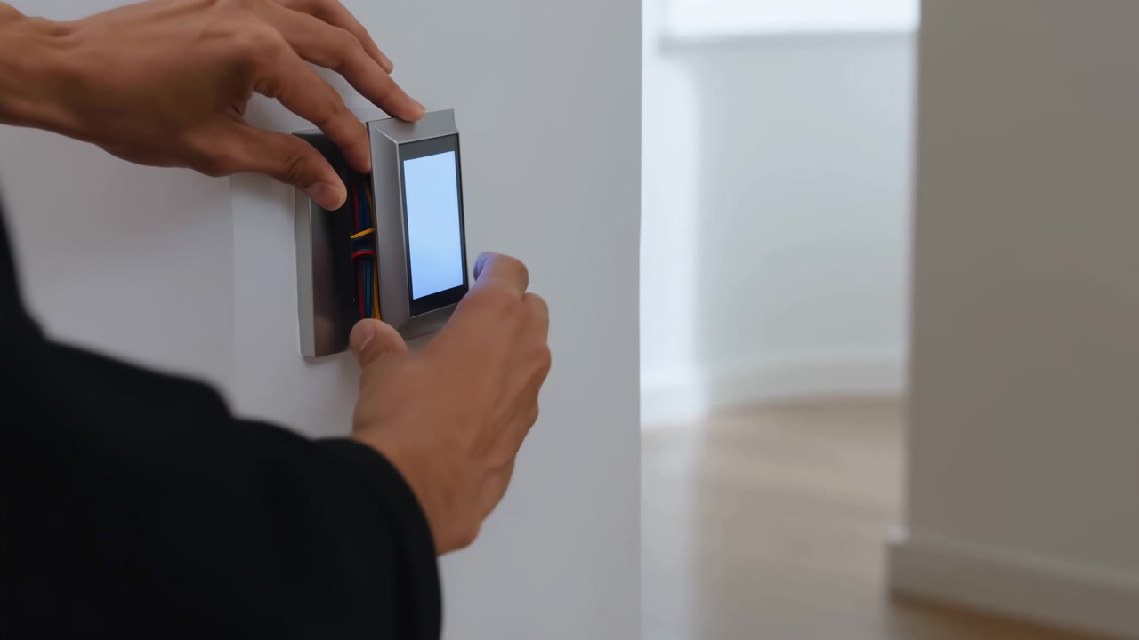 Close eye level view of two hands aligning and fitting silver framed rectangular touchscreen control panel into wall electrical box with exposed multicolored wiring inside modern residential interior