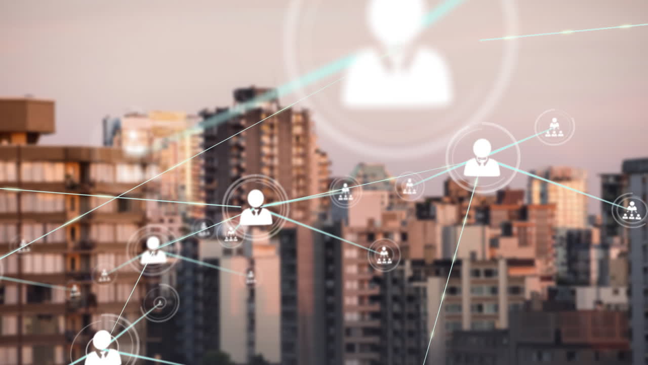 animación de la red de conexiones con las personas iconos sobre el paisaje urbano