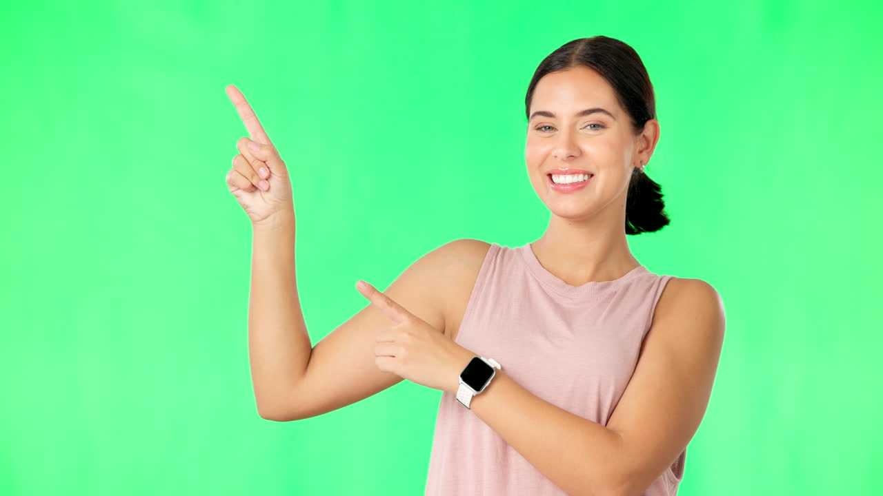 rostro de mujer de fitness, manos y pantalla verde