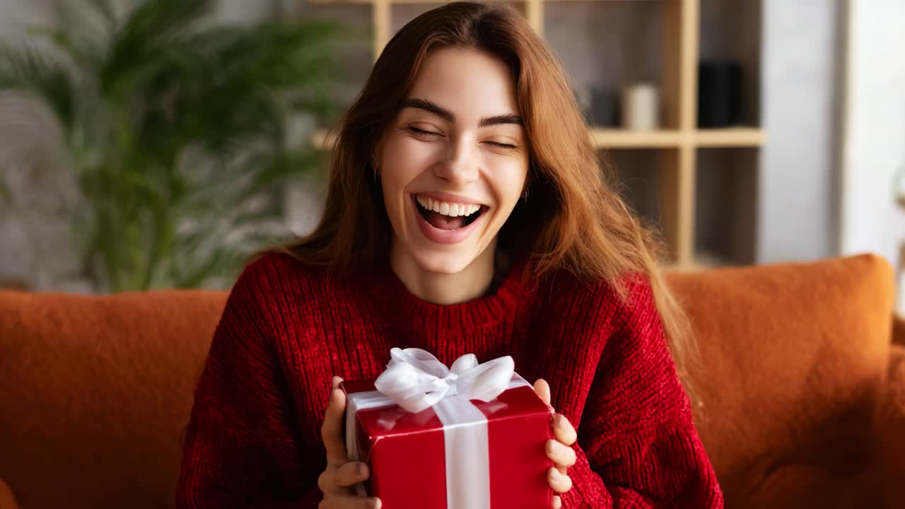 A Joyful Moment Captured: Woman in a Cozy Red Sweater Gleefully Holding a Gift Box with a White Ribbon, Radiating Happiness and Excitement in a Warm Living Room Setting