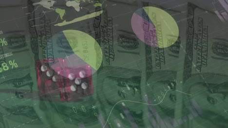 Animation-of-financial-data-processing-over-two-dice-and-american-dollar-bills-on-green-background