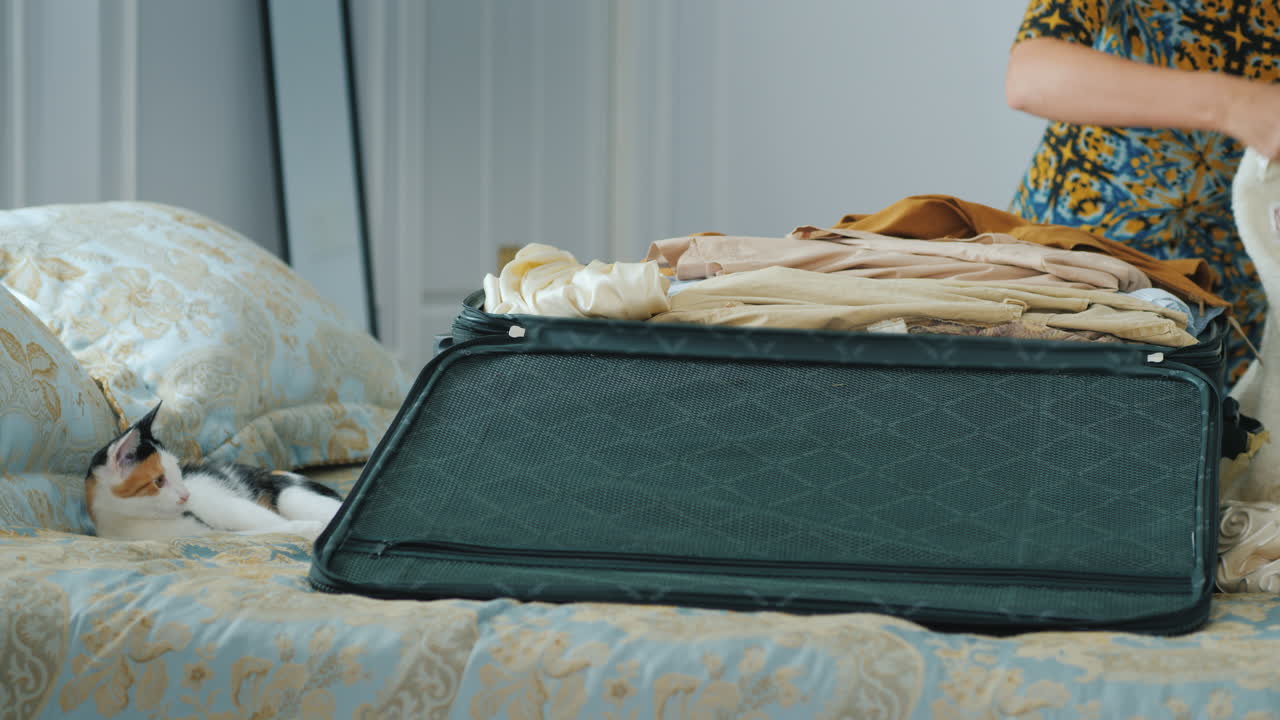 알아볼 수 없는 여자가 여행 가방에 짐을 싸고 있다. 여행이나 출장 개념을 준비한다.