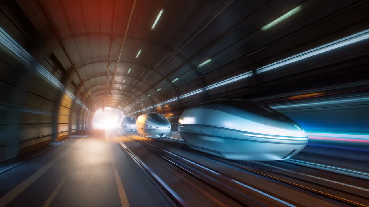 Three transport pods responding to bright exit light and speeding along tunnel tracks toward exit