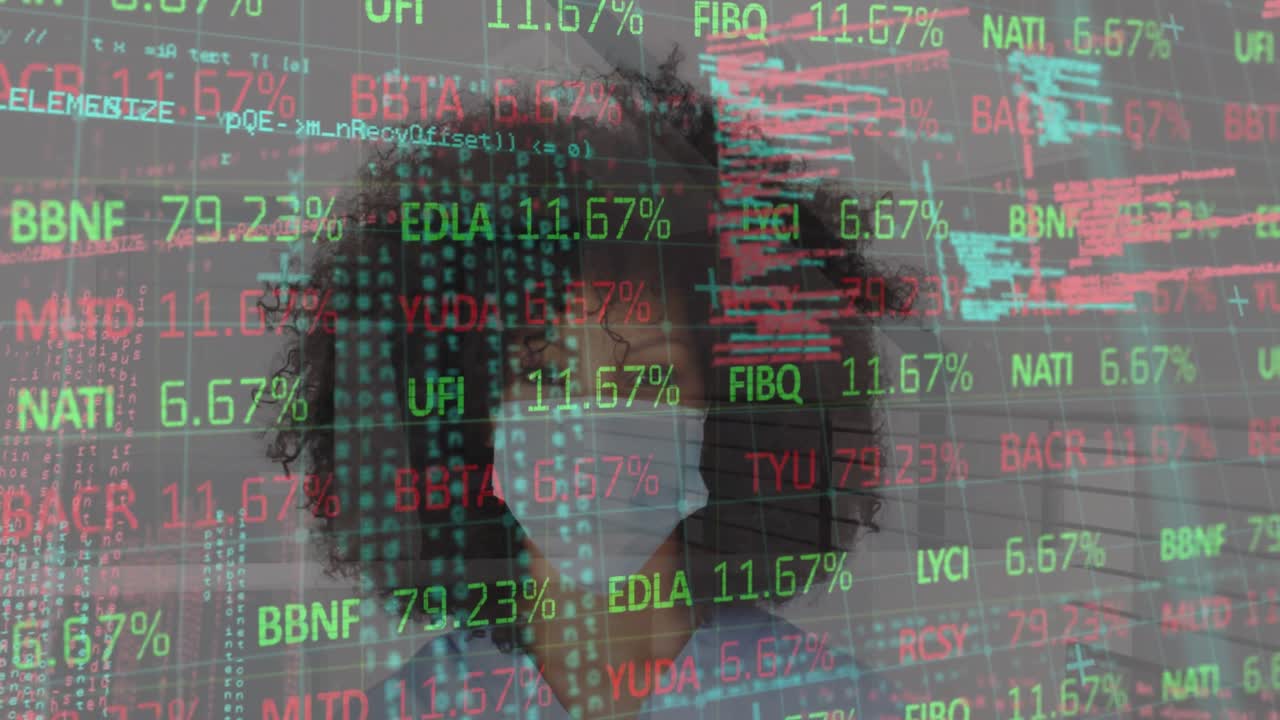 Animation of financial data processing over woman wearing face mask