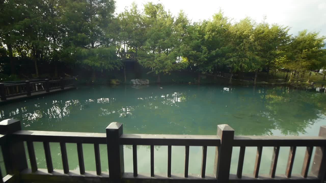 풍경 속에 나무와 산이 있는 연못의 전망대에서 걷기