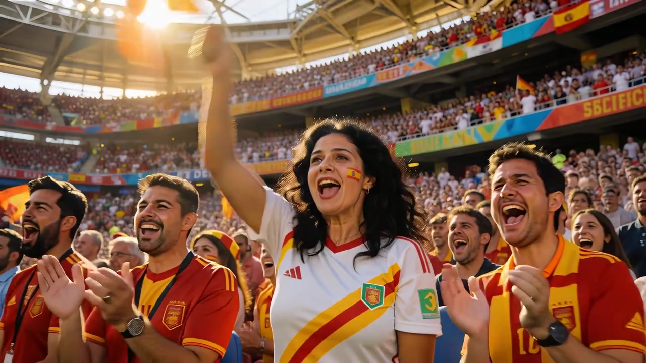Mujer hispana animando, vistiendo la camiseta de España con la bandera pintada en la mejilla, levantando la bufanda después de un gol clave.