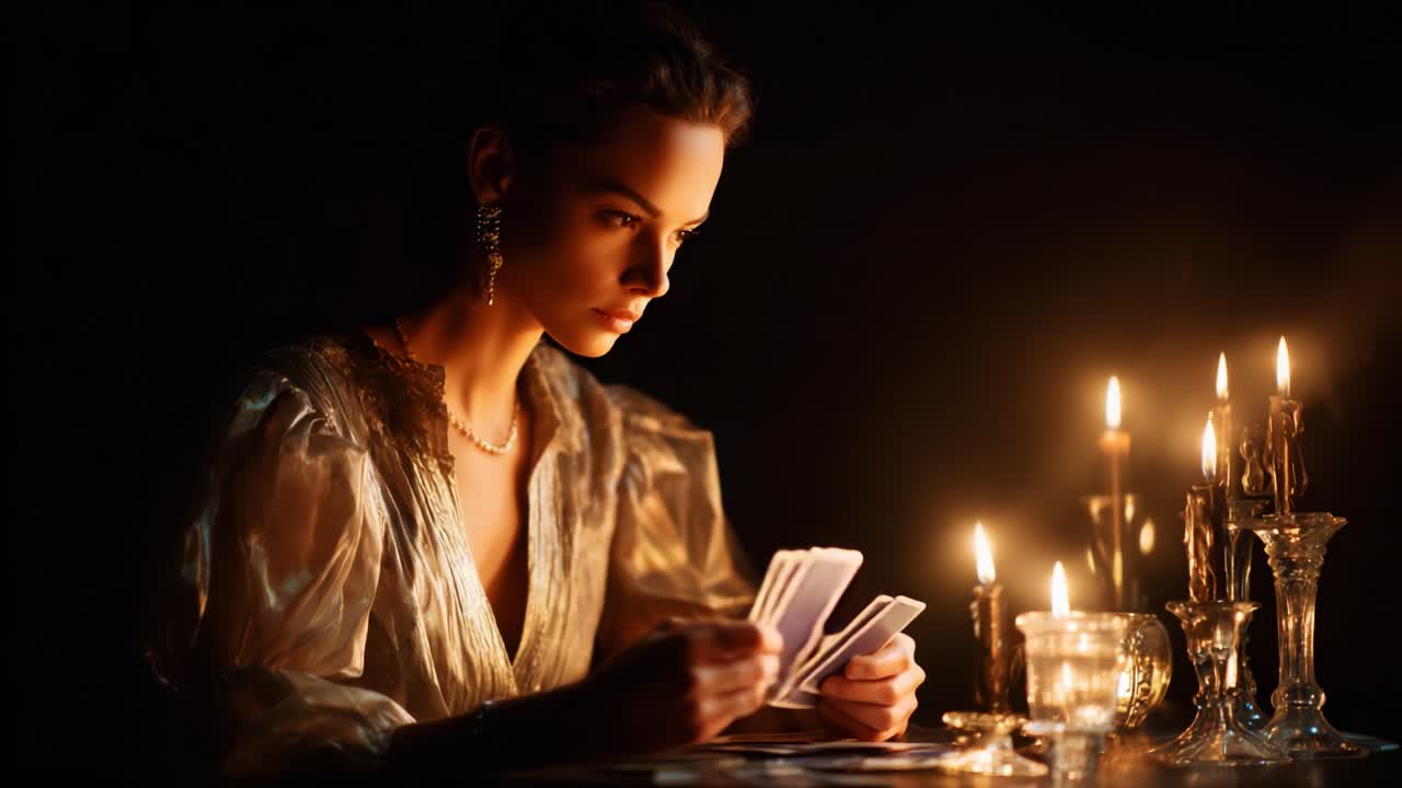 A Mysterious Woman Engaged in Tarot Card Reading by Candlelight, Capturing the Enchantment of Fortune Telling and Introspection with Glowing Candles and an Atmospheric Setting