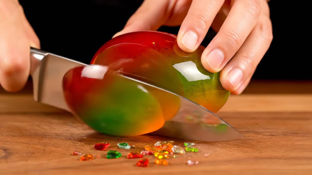 Cutting a colorful jelly dessert