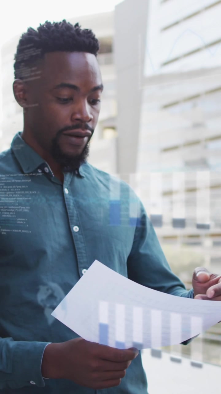Animation of financial data processing over diverse business people in office