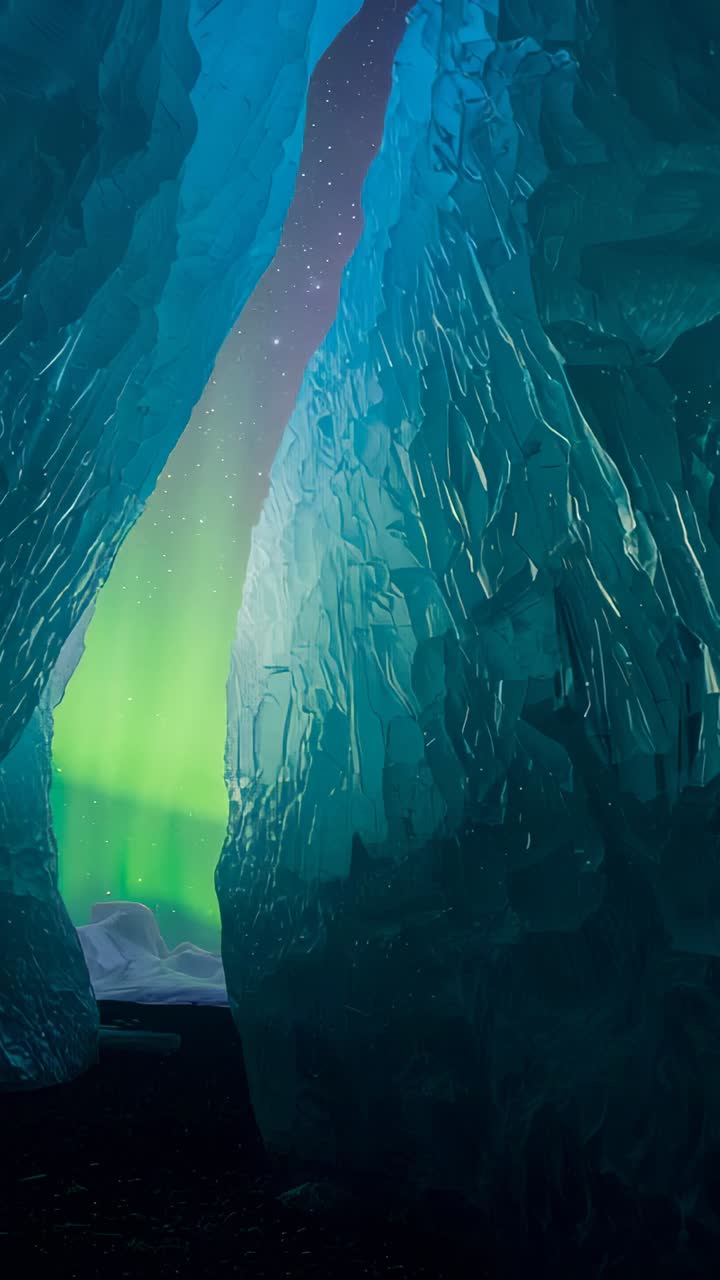 Vertical video: Shifting aurora casting glow on crevasse walls inside glacier, revealing starry sky