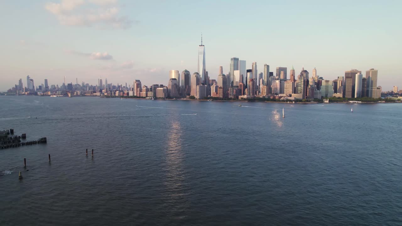 Aerial shot pushing in on New York City skyline
