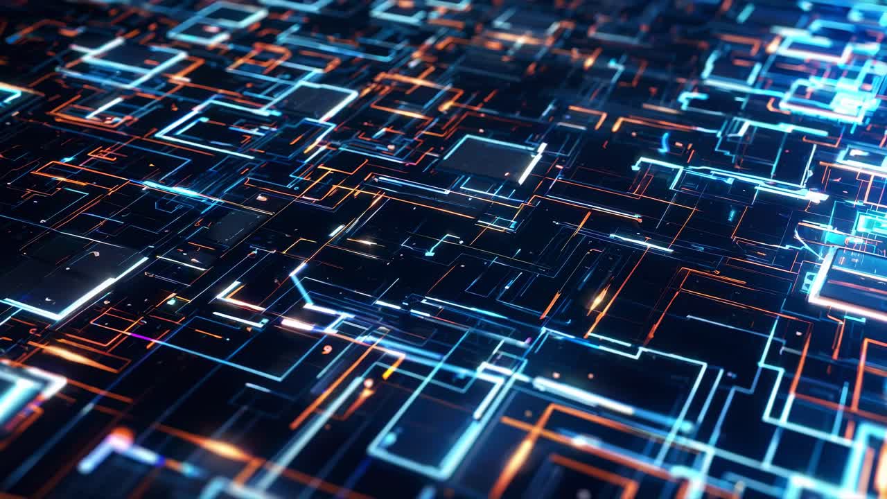 Futuristic circuit board design with glowing lines and neon colors