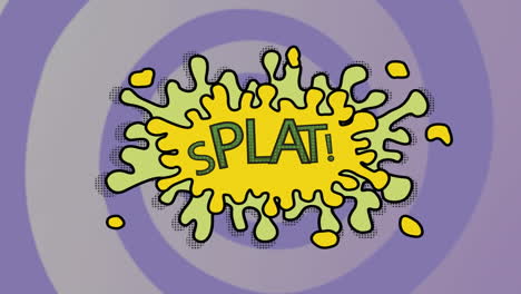 animation of vintage comic cartoon speech bubble with splat! text on purple striped background