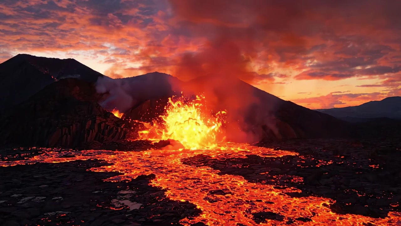Eruzione maestosa: uno spettacolo mozzafiato di lava che scorre vividamente attraverso il paesaggio contro un cielo drammatico al tramonto.