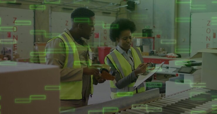 Warehouse lead pointing packing list triggers operator scanning box for sorting with data overlays