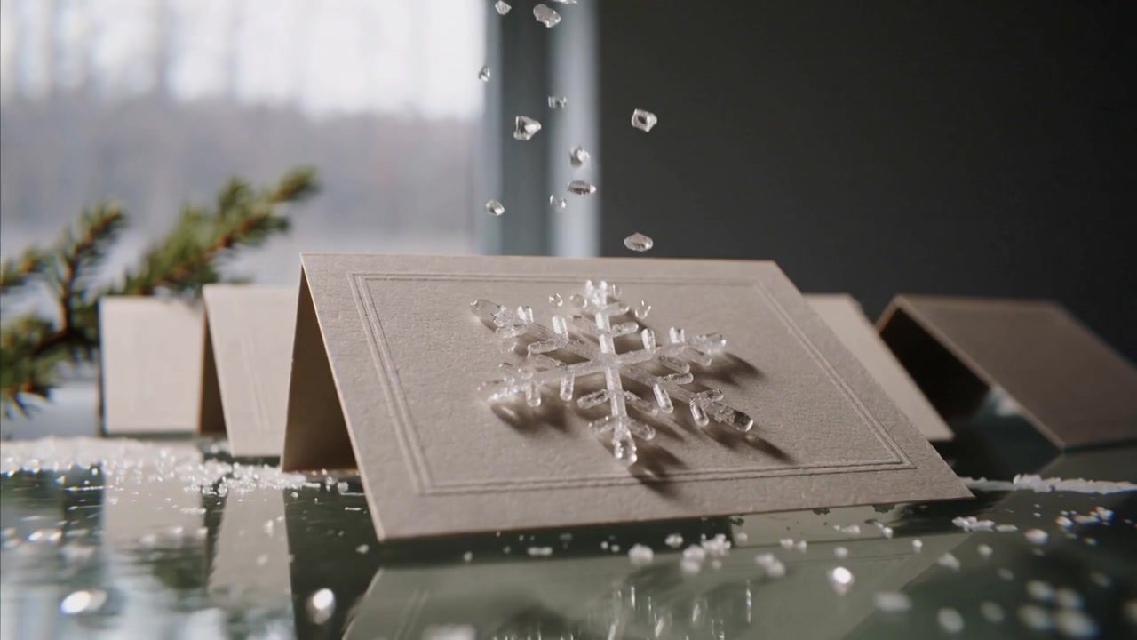 Falling beads hitting and settling on snowflake on tent card on glass table, decorating holiday
