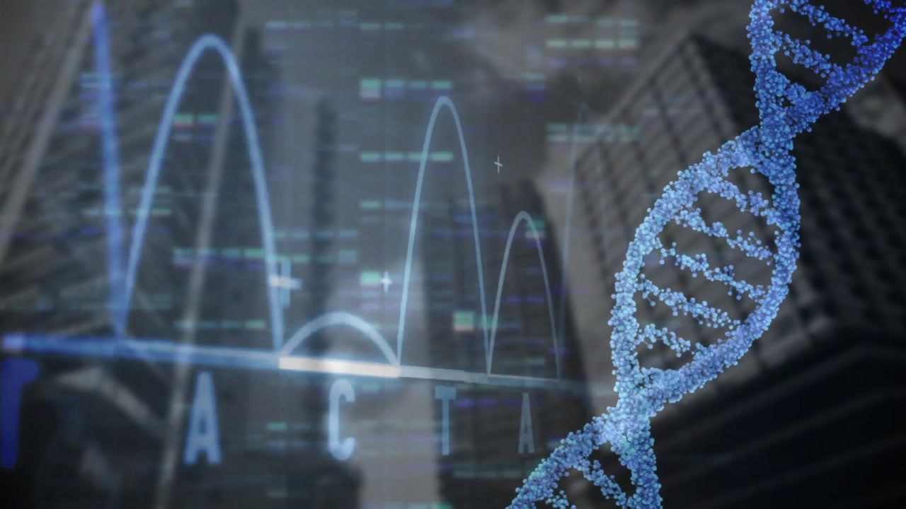 DNA double helix visualization floating atop nucleotide waveform graphs and code above skyline