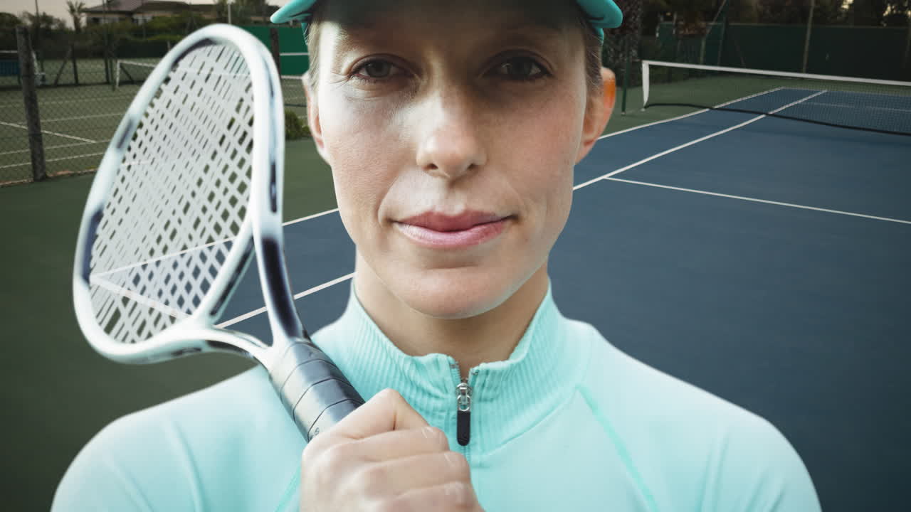 테니스 경기장 과 공 위 에 로켓 을  ⁇ 고 있는 백인 여성 테니스 선수 의 애니메이션