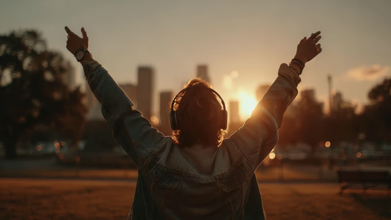A Joyful Sunset Celebration: Individual Embraces the Evening Glow with Arms Raised, Headphones On, and a Sense of Freedom in the Urban Landscape