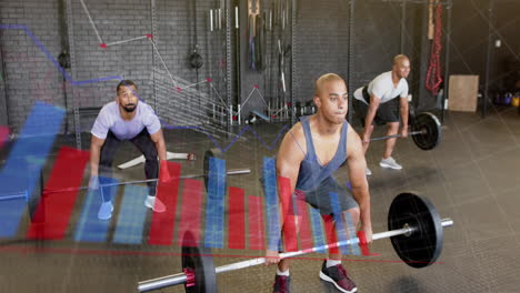 animation of interface processing data over diverse male group lifting barbell weights at gym