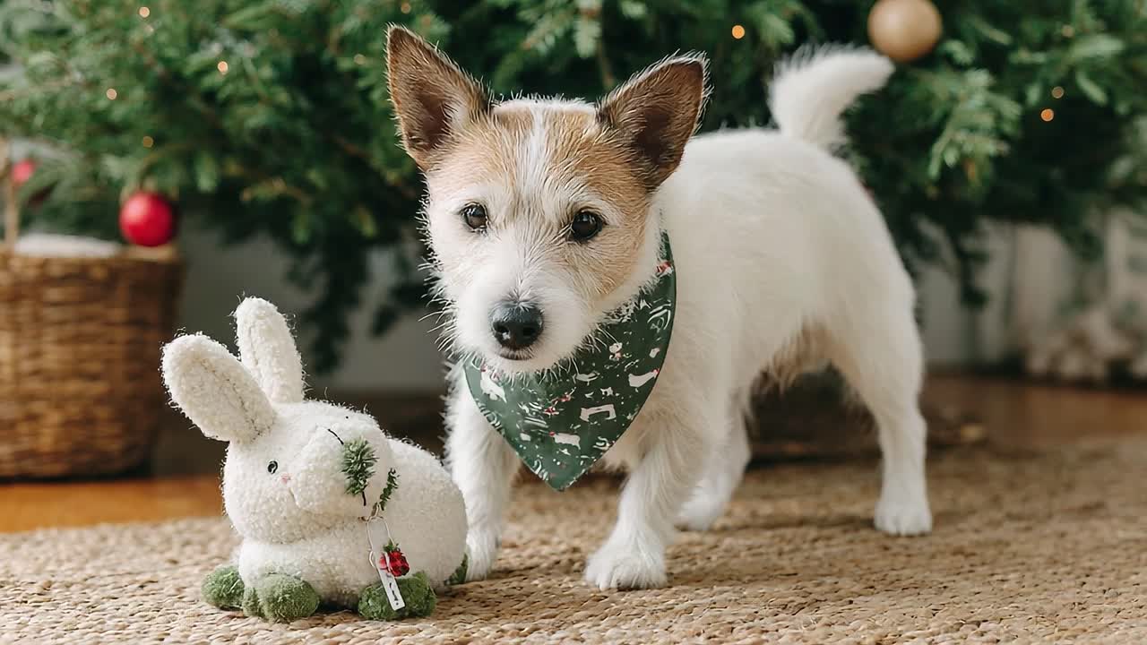 Adorable Dog Interacting with Plush Rabbit Toy Surrounded by Holiday Decor, Captured in Two Heartwarming Frames of Playfulness and Festive Spirit