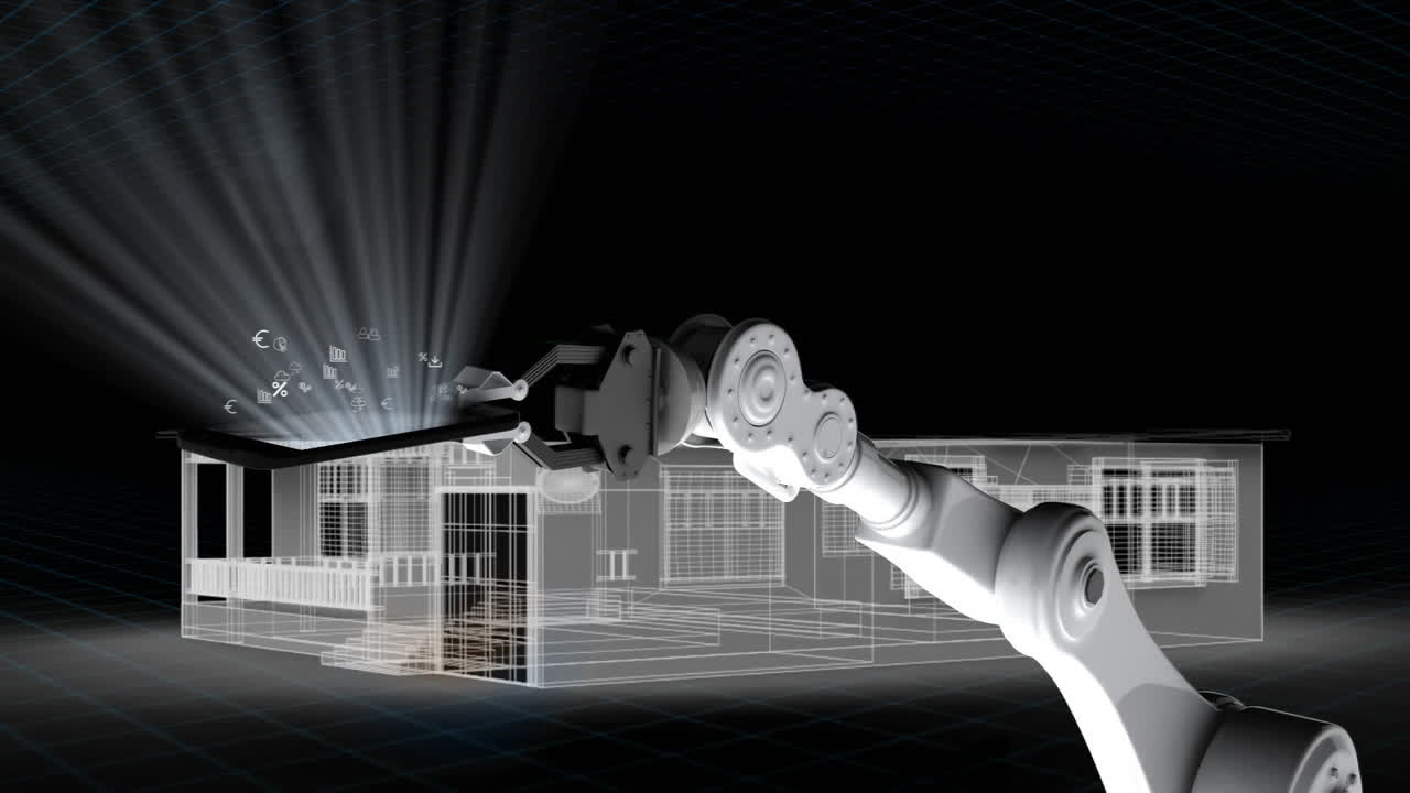 animazione del braccio del robot sopra la casa che gira