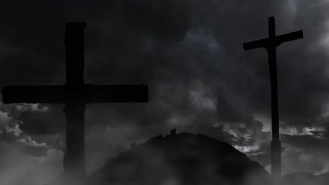 thunderstorm and foreground a cross silhouetted on a hill