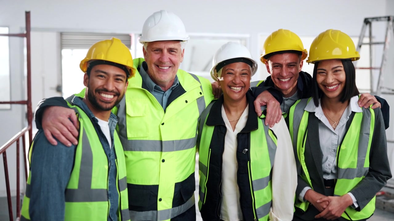 Diverse Group of Construction Workers Smiling Together at a Building Site