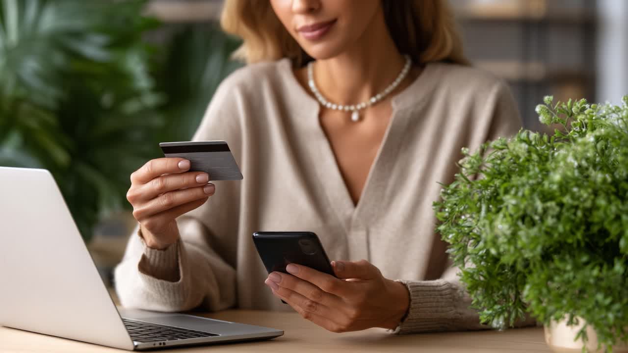 Engaging in Online Shopping: A Woman Using a Smartphone and Credit Card While Accessing Her Laptop at a Cozy Indoor Setting with Greenery