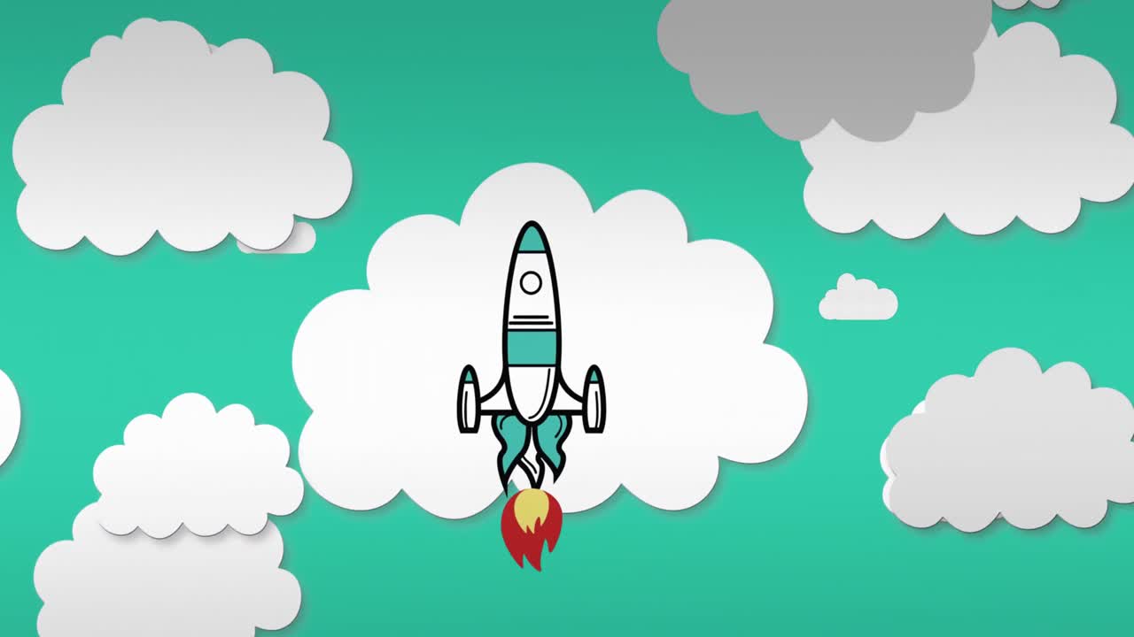 Animation of rocket and clouds icons on green background