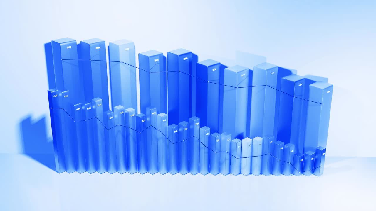 Abstract infographics. Crisis, stagnation and recession concept. Downgrade graph from columns. Economic loop background with copy-space in 4k. Beautiful 3d bars as chart of statistic data in blue.