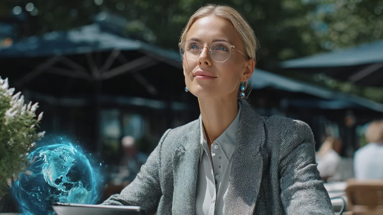 A Professional Woman Engaged in Thoughtful Reflection Amidst a Scenic Caf? Background, Visualizing the World with a Digital Overlay of Earth