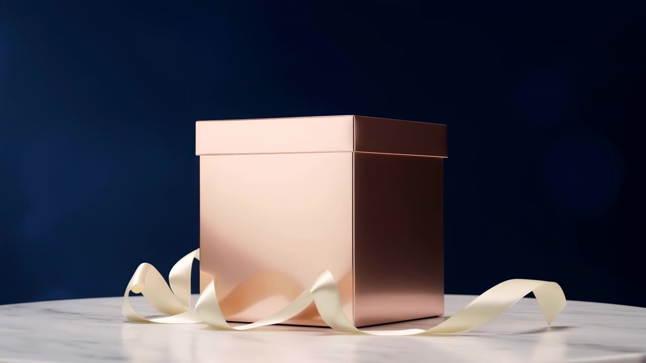Caja de regalo alta rectangular de oro rosa con una cinta de satén color crema, centrada sobre una mesa de mármol blanco brillante contra un fondo azul marino oscuro, con la cinta suavemente rizada y asentándose bajo una luz de estudio suave