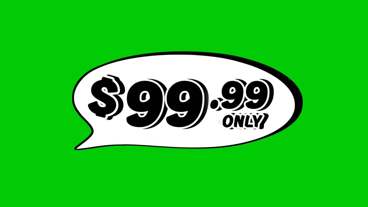 $99.99 price tag in speech bubble animation motion graphics on green screen background. Perfect for ads, e-commerce, retail, discounts, and promotion business concept video element