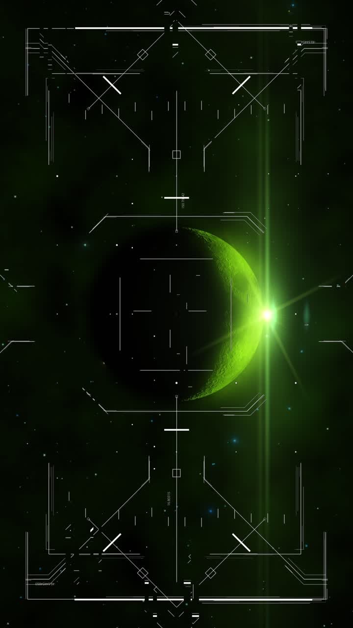 Futuristic heads-up display targeting green alien planet with star flare. For sci-fi, gaming, or tech videos