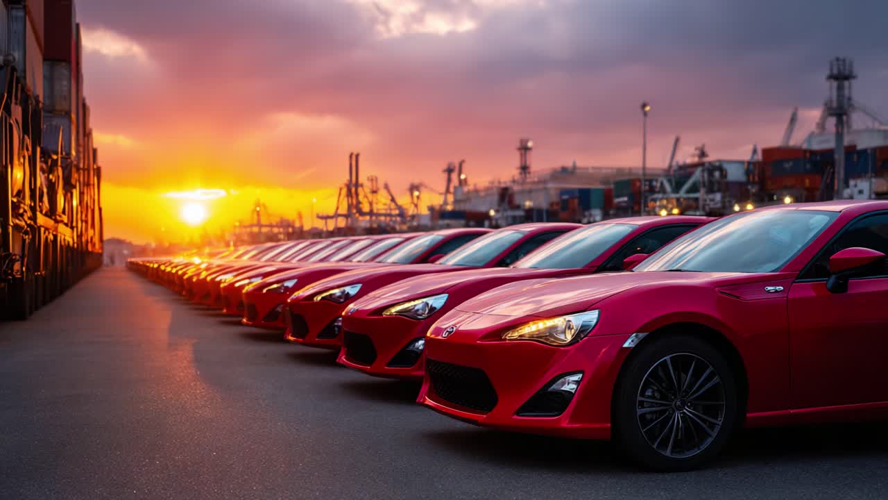 A Stunning Lineup of Red Sports Cars Against a Breathtaking Sunset at the Harbor, Highlighting Their Sleek Design and Captivating Energy in the Evening Glow