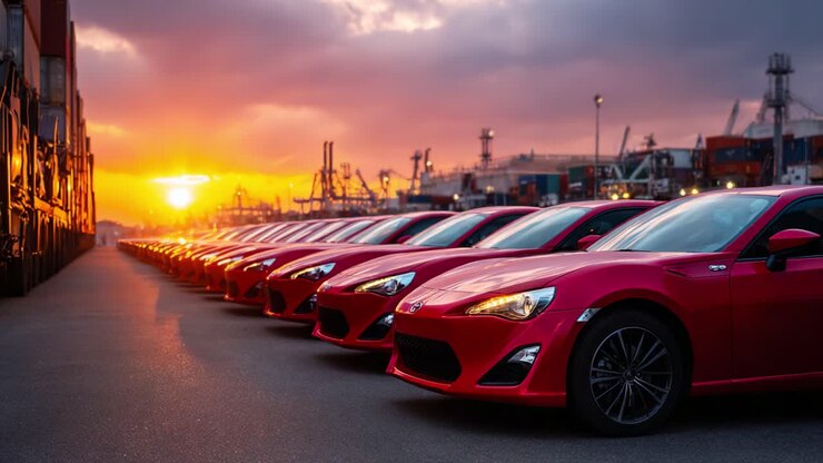 Una impresionante colección de coches deportivos rojos con una puesta de sol espectacular en el puerto, que destaca su diseño elegante y su cautivadora energía en el resplandor vespertino