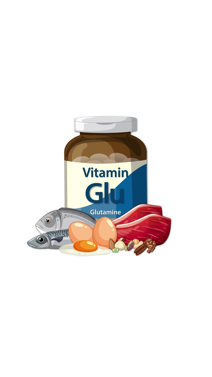 Flacone di integratore di glutammina con pesce, carne, uova e noci che appaiono in sequenza su sfondo bianco