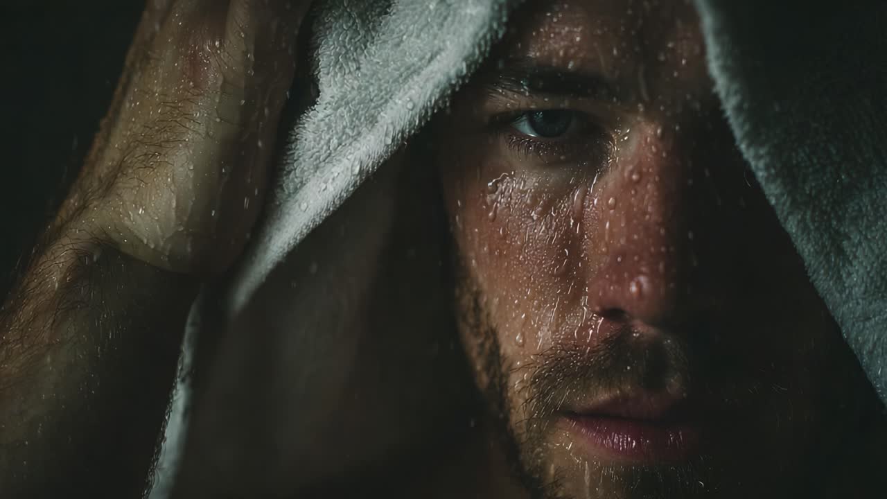 A Thoughtful Encounter with Introspection: A Man's Moistened Gaze Under a Damp Towel, Radiating Emotion Amidst the Captivating Play of Light and Shadows